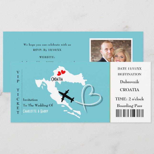 Convites Bilhete Embarcado Pass Casamento Destino Croácia (Frente/Verso)