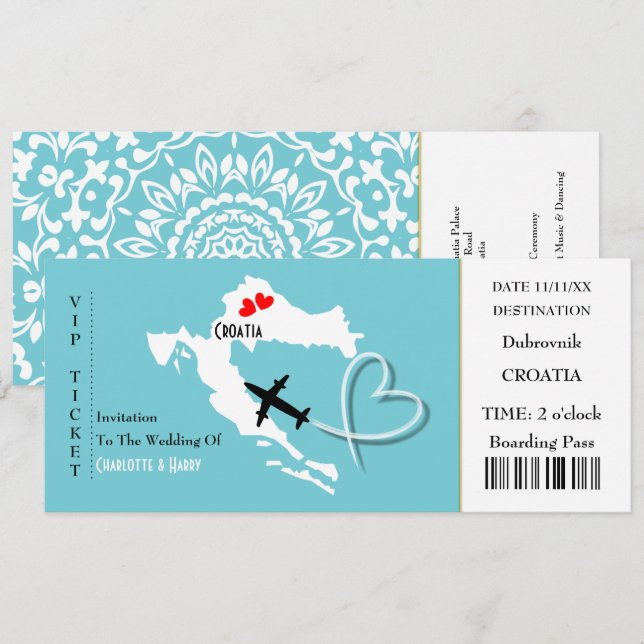 Convites Bilhete Embarcado Pass Casamento Destino Croácia (Frente/Verso)