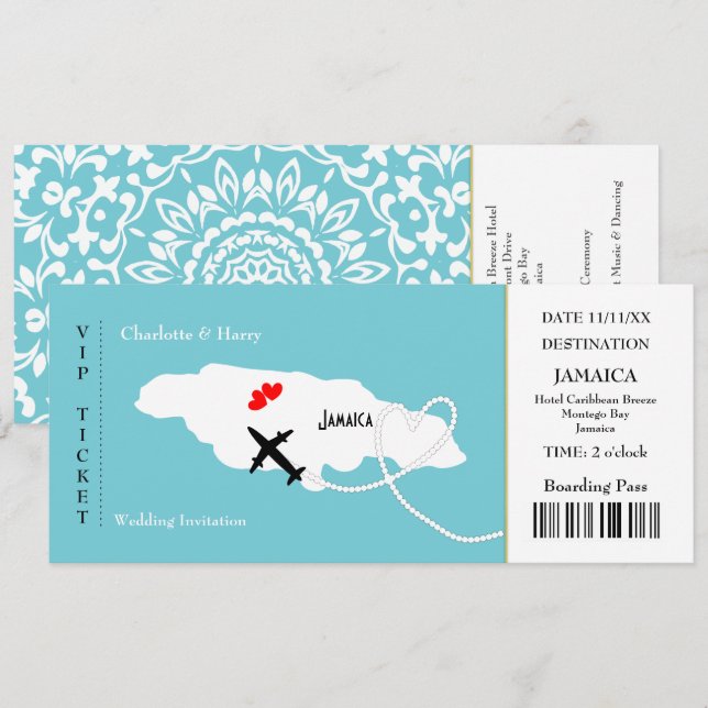 Convites Bilhete Embarque Pass Casamento Destino Jamaica (Frente/Verso)