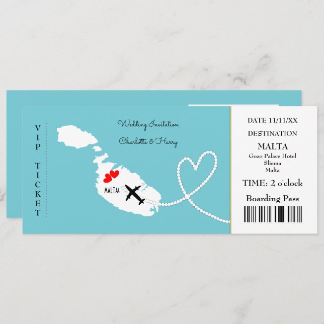 Convites Bilhete Embarque Pass Casamento Destino Malta (Frente/Verso)