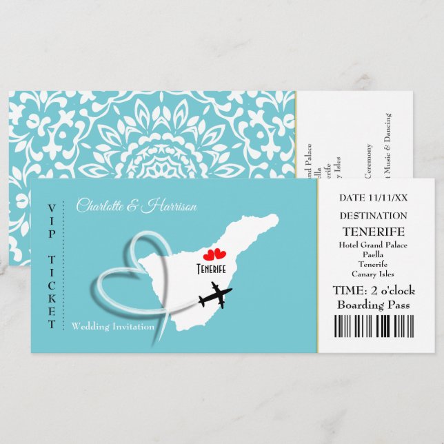 Convites Bilhete Embarque Pass Casamento Destino Tenerife (Frente/Verso)