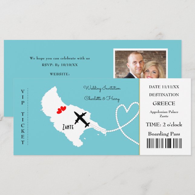 Convites Bilhete Embarque Pass Casamento Destino Zante (Frente/Verso)