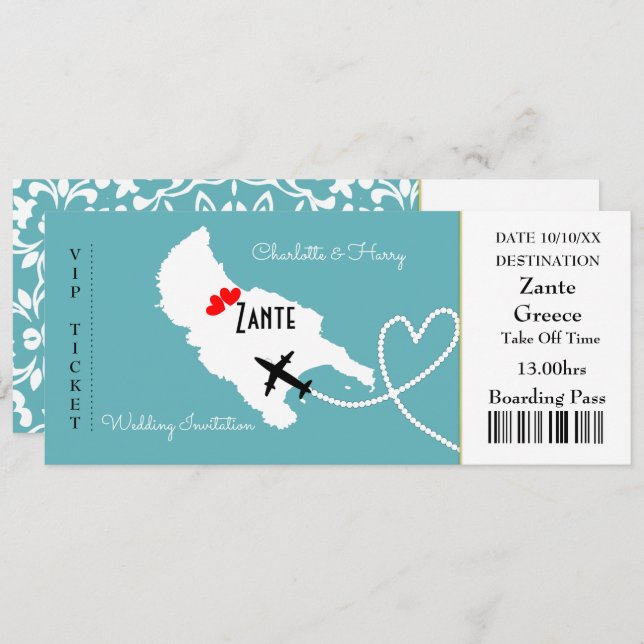 Convites Bilhete Embarque Pass Casamento Destino Zante (Frente/Verso)