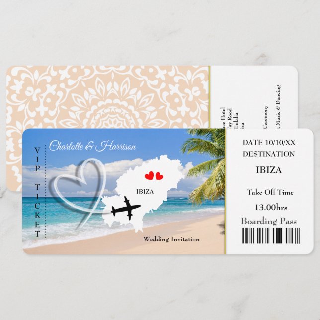 Convites Bilhete Ibiza de Destino de Casamento (Frente/Verso)