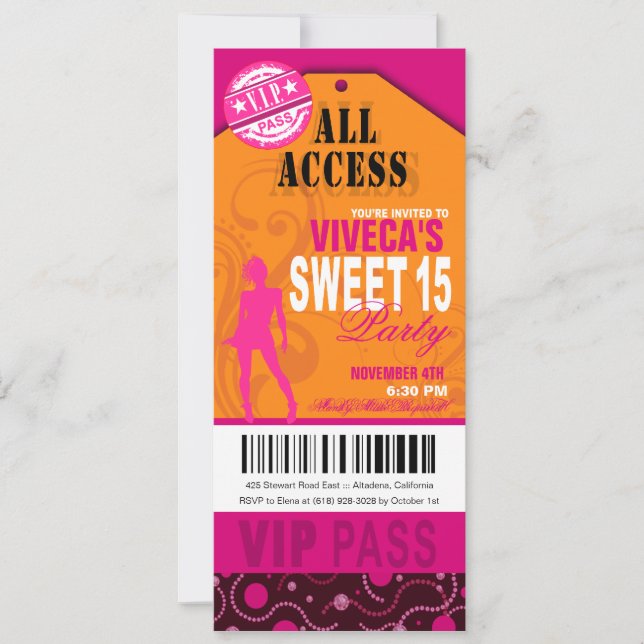 Convites Bilhete Orange, Pink e Fuschia VIP Sweet 15 (Frente)