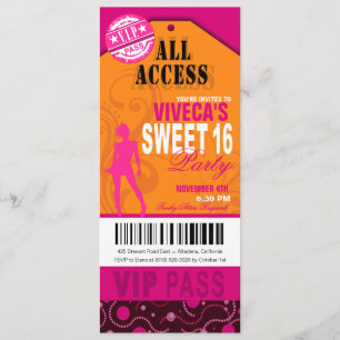Convites Bilhete Orange, Pink e Fuschia VIP Sweet 16