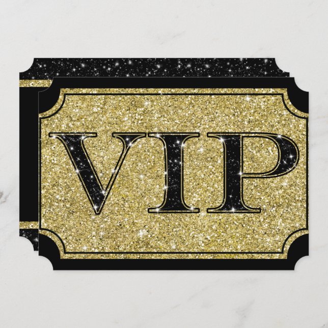 Convites Bilhete para Evento de Festa VIP Black & Gold Glit (Frente/Verso)