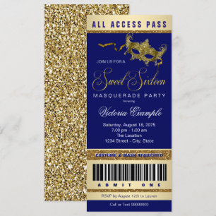 Convites Bilhete para Festa de Máscaras Sweet 16 Blue Gold