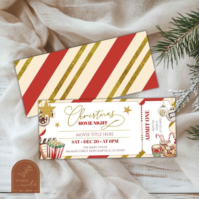 Convites Bilhete para Noite de Filme de Natal em Ouro (Criador carregado)