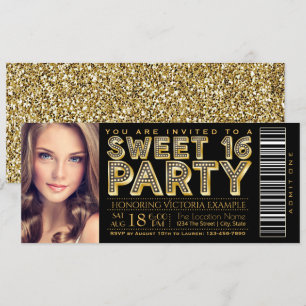 Convites Bilhete Preto e Dourado Sweet 16 Hollywood Glam