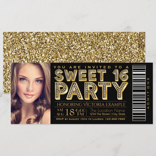 Convites Bilhete Sweet 16 Hollywood Glam Preto e Dourado (Frente/Verso)