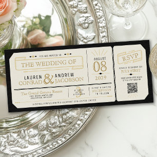 Convites Bilhete Vintage Elegante Preto e Dourado Casamento