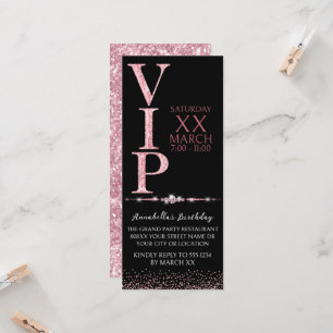 Convites Bilhete VIP com Brilho Preto e Rosa