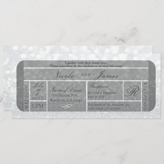 Convites Bilhete VIP de Casamento Brilho Prata Branco (Frente/Verso)