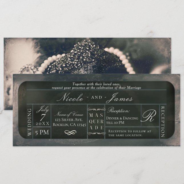 Convites Bilhete VIP de Casamento Brilho Prata Branco (Frente/Verso)