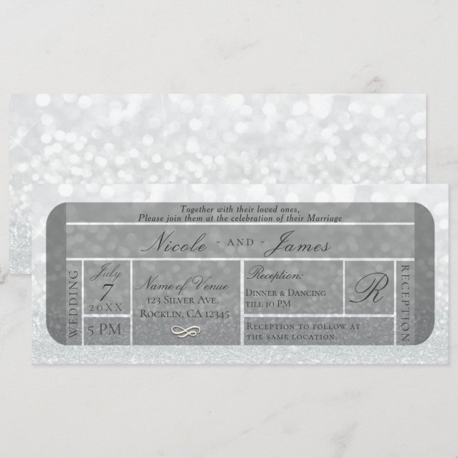 Convites Bilhete VIP de casamento com brilho prateado branc (Frente/Verso)