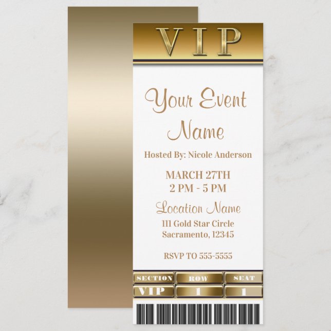 Convites Bilhete VIP para Jantar Elegante Dourado e Branco (Frente/Verso)