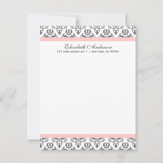Convites Bilhetes de Agradecimento Rosa e Cinza Damask (Frente)
