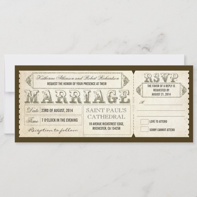 Convites bilhetes de casamento antigos & RSVP (Frente)