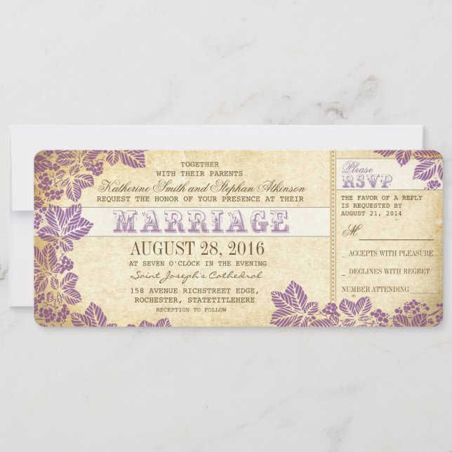 Convites Bilhetes de casamento vintage com ameixa floresce (Frente)
