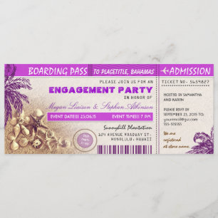 Convites bilhetes de embarque roxo para Festa de noivado