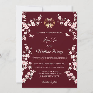 Convites BILINGUAL   Casamento Chinês Maroon Cherry Blossom