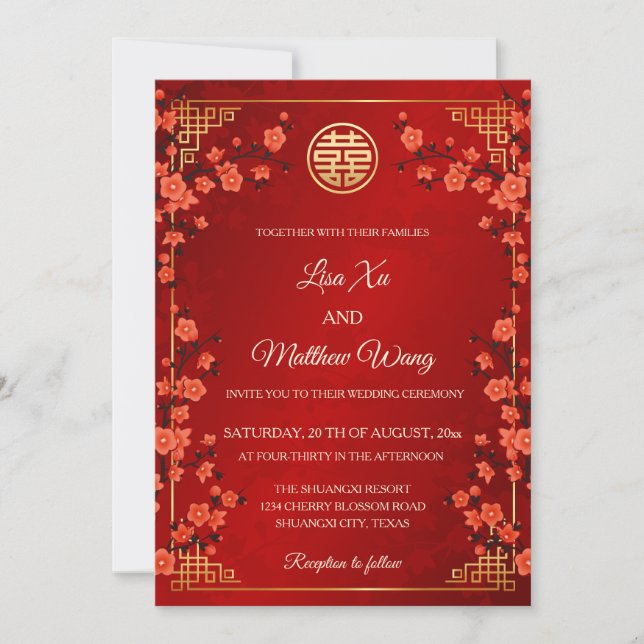 Convites BILINGUAL Red Cherry Blossom | Casamento Chinês (Frente)