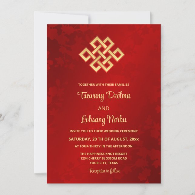 Convites BILINGUAL sem Knot | Casamento Tibetano (Frente)