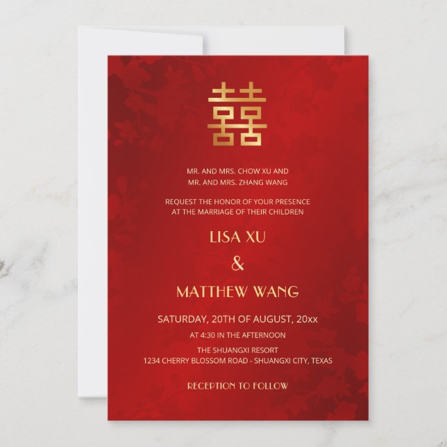 Convites Bilingual | Simple Red Gold Chinese Wedding (Frente)