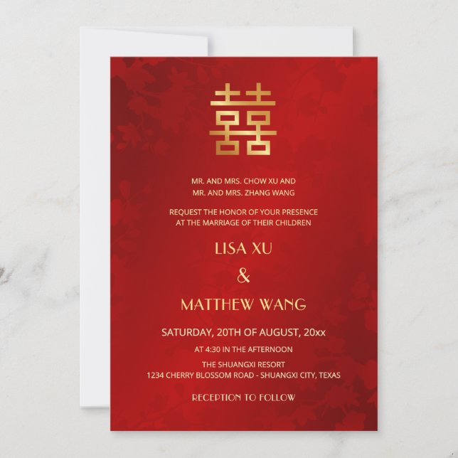 Convites Bilingual | Simple Red Gold Chinese Wedding (Frente)