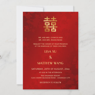 Convites Bilingual | Simple Red Gold Chinese Wedding