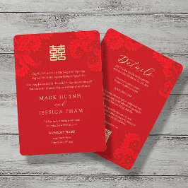 Convites Bilingual Vietnamese English Red Floral Wedding