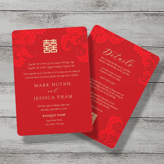 Convites Bilingual Vietnamese English Red Floral Wedding (Criador carregado)