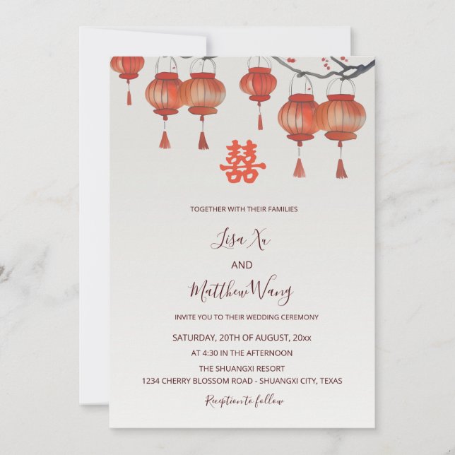 Convites BILINGUAL Watercolor Lanterna Chinesa Casamento (Frente)