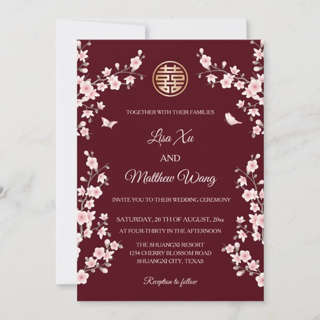 Convites BILÍNGUE | Flor de Borboleta Marrom Casamento Chin (Frente)