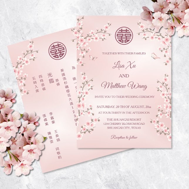 Convites BILÍNGUE | Flor de Cerejeira Rosa Casamento Chinês (Criador carregado)