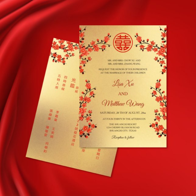 Convites BILINGUE Flor de Oriente Vermelha | Casamento Chin (Criador carregado)