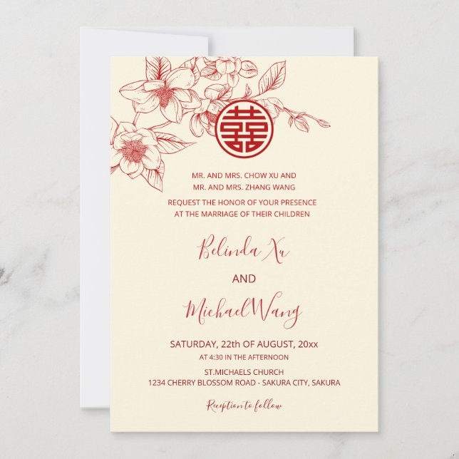 Convites BILÍNGUE | Magnólia Creme Casamento Chinês (Frente)
