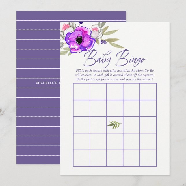 Convites Bingo de Bebê Chuveiro de Bebê Floral em Aquarela  (Frente/Verso)