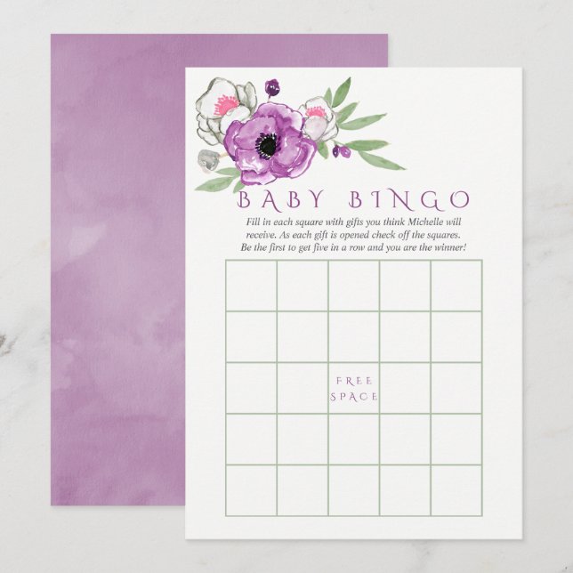 Convites Bingo de Bebê Chuvinha de Bebê Violeta Floral e Sa (Frente/Verso)