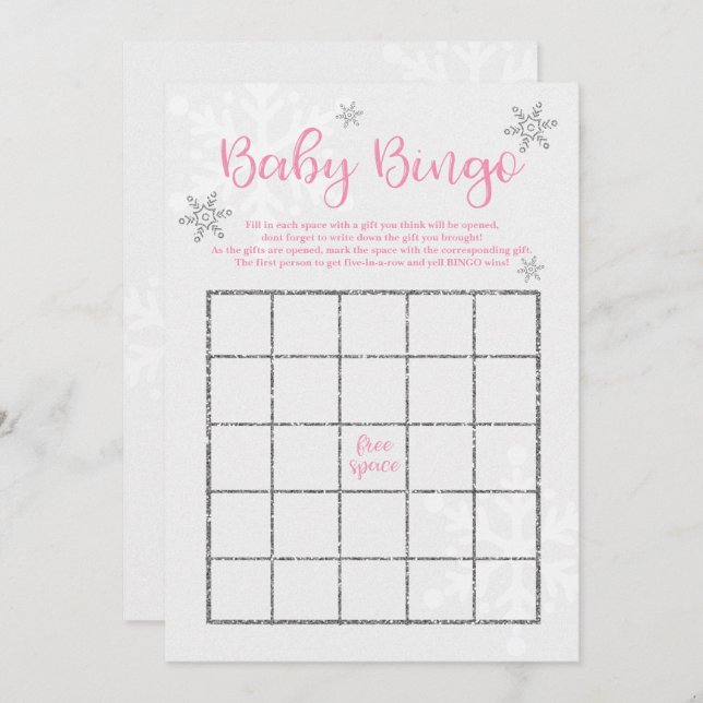Convites Bingo de Bebê Floco de Neve Rosa e Prata de Invern (Frente/Verso)