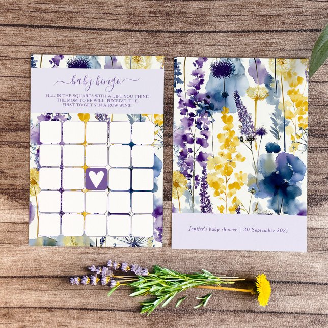 Convites Bingo de Bebê Flor de Campo Amarela Roxa em Aquare (Celebrate your mama-to-be moment in full bloom with this elegant wildflower design. )