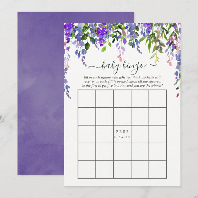 Convites Bingo de Bebê Floral em Aquarela Violeta Ultra (Frente/Verso)
