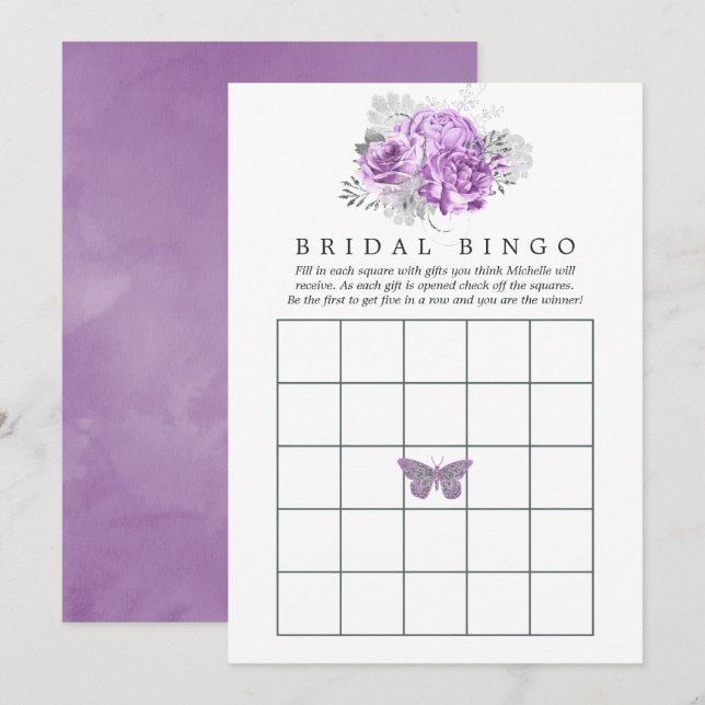 Convites Bingo de Bridal Floral de Púrpura e Prata (Frente/Verso)