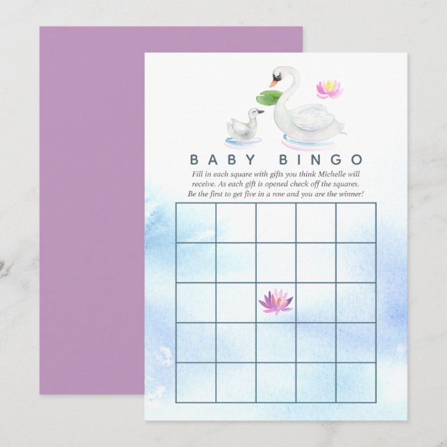Convites Bingo de Chá de Bebê em Aquarela de Cisne (Frente/Verso)