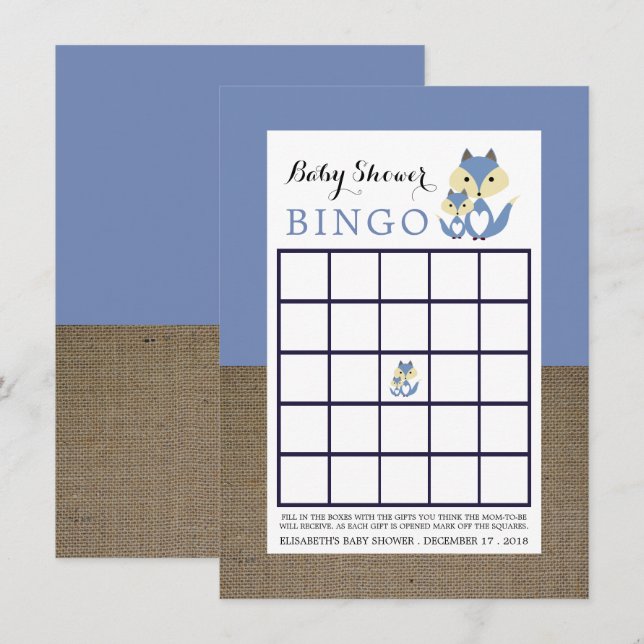 Convites Bingo de Chá de Bebê em Arpilloi de Raposa Azul (Frente/Verso)