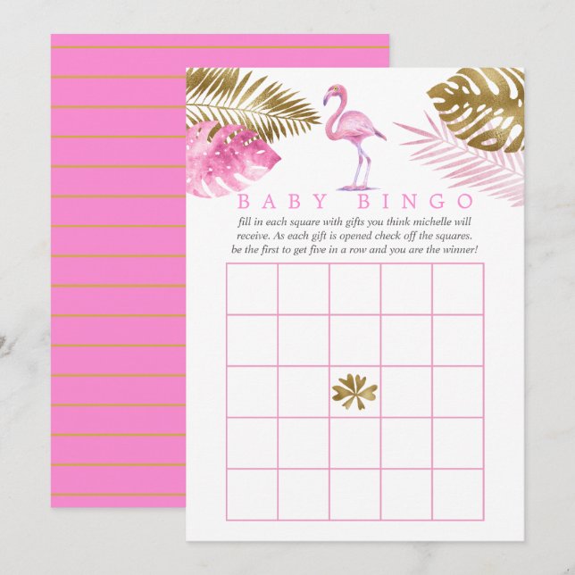 Convites Bingo de Chá de Bebê Flamingo Tropical Rosa e Dour (Frente/Verso)