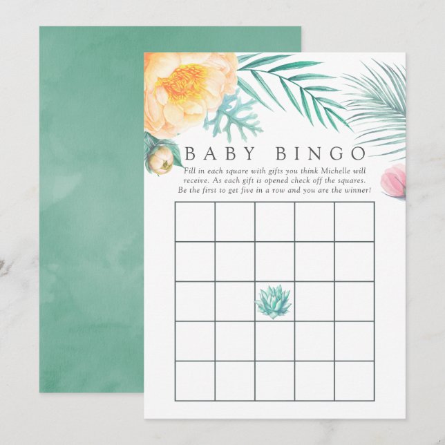 Convites Bingo de Chá de Bebê Floral de Hortelã Tropical de (Frente/Verso)