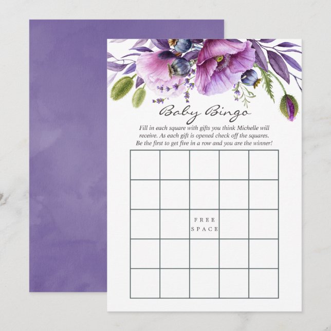 Convites Bingo de Chá de Bebê Floral Papoula Violeta em Aqu (Frente/Verso)