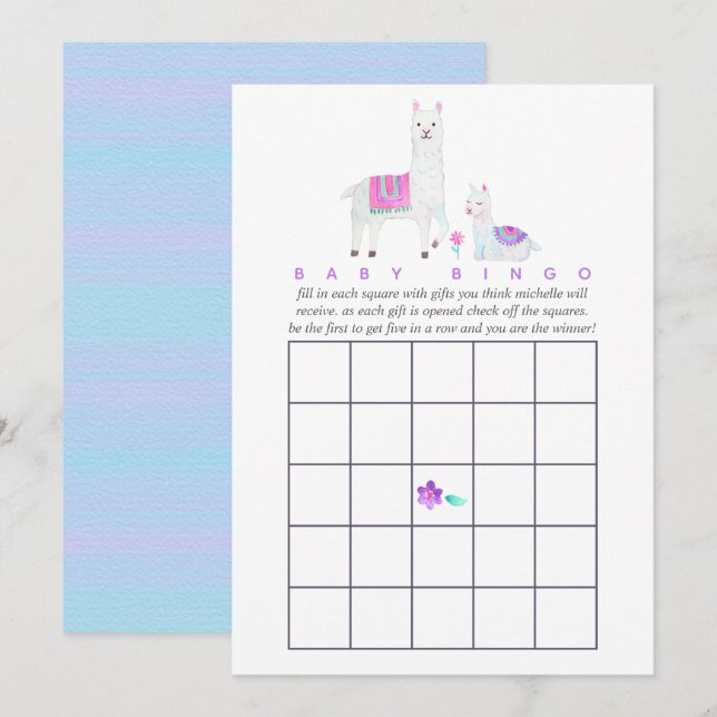 Convites Bingo de Chá de Bebê temático de Lhama em Aquarela (Frente/Verso)